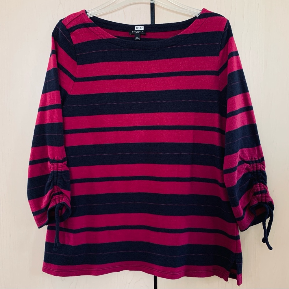 Talbots Women's 3/4 Sleeve Knit Sweater Top Cotton Stripe Navy Red Size Petite L